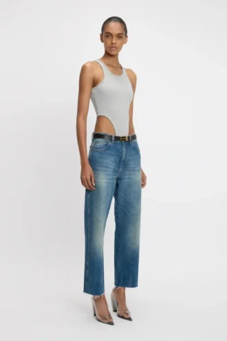 Bodysuit mit hohem Beinausschnitt in Grau meliert
