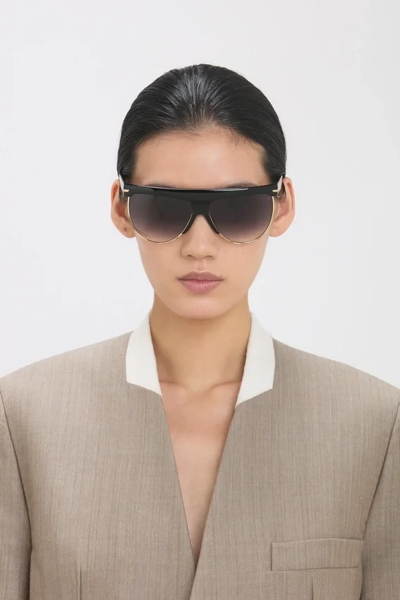Geformte Sonnenbrille aus Metall und Acetat mit flachem Oberteil Geformte Sonnenbrille aus Metall und Acetat mit flachem Oberteil