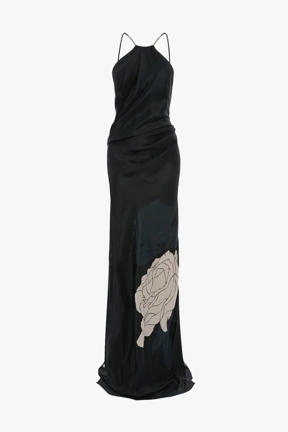 Ketten-Halterkleid mit dunkelblauem Blumenmuster Ketten-Halterkleid mit dunkelblauem Blumenmuster