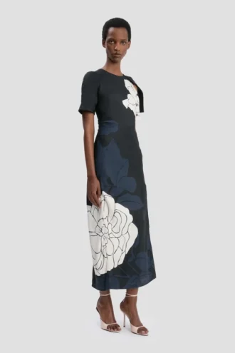 Midi-Kleid mit geschlitztem Saum in dunkelblauem Blumenmuster