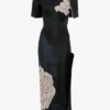 Midi-Kleid mit geschlitztem Saum in dunkelblauem Blumenmuster