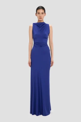Ärmelloses, drapiertes Kleid in leuchtendem Indigo